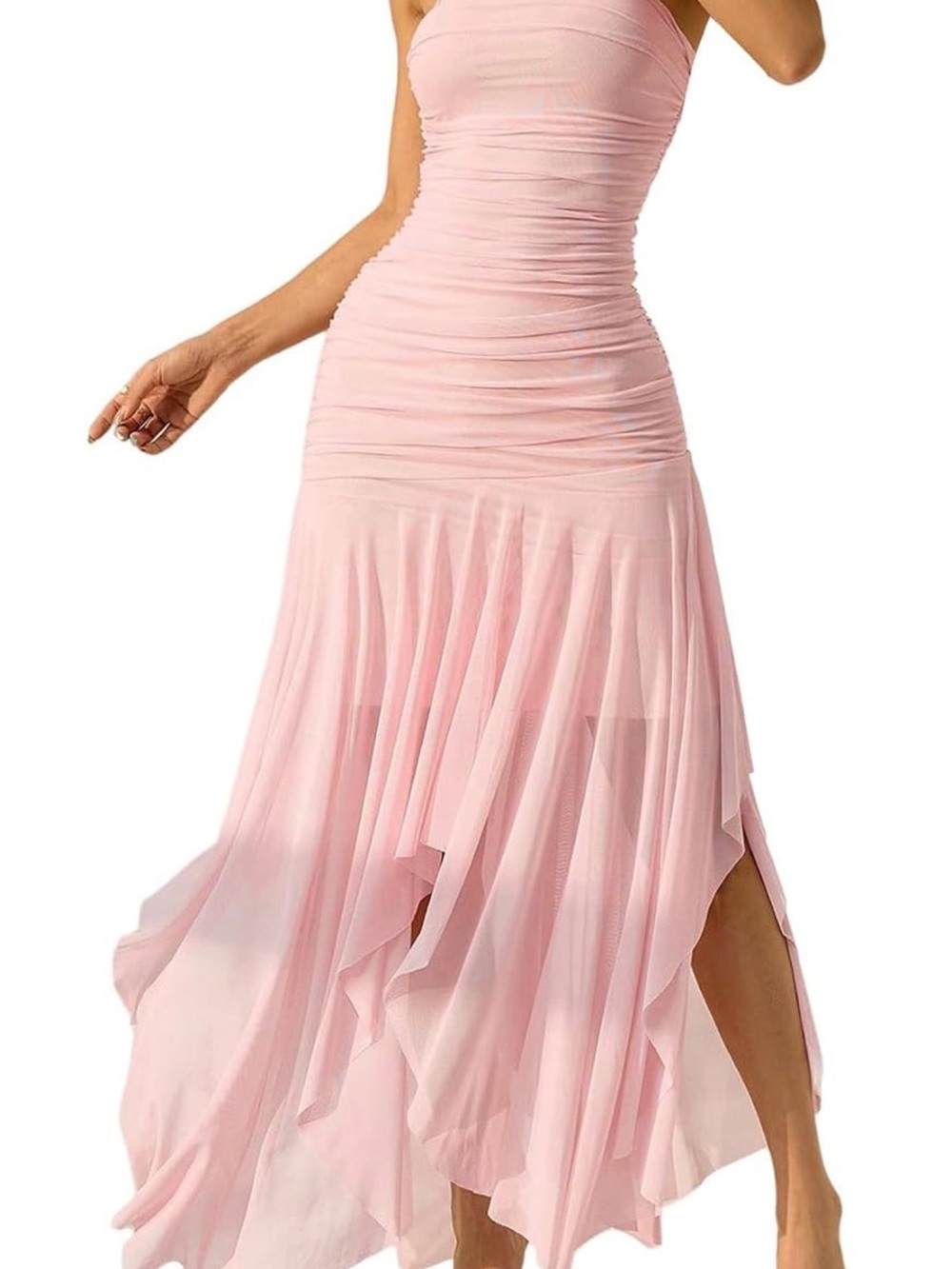 Strapless Pink Ruched Chiffon Maxi Dress